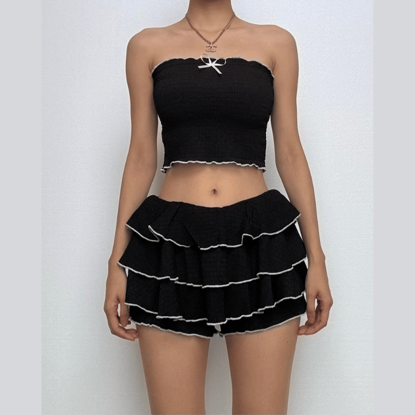Coquette Chic Black Ruffle Mini Set - Bowknot Tube Top & Tiered Shorts for Fall Parties