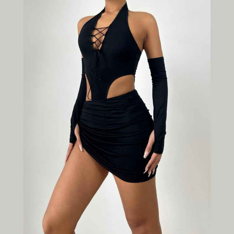 Siren Black Halter Lace-Up Cut-Out Mini Dress with Statement Sleeves - Fall Party & Clubwear Essential