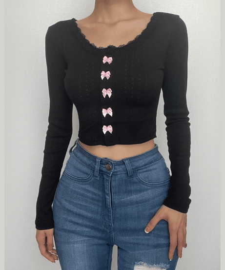 Sweet & Chic Fall Coquette Long Sleeve Crop Top | Pink Bows & Scalloped Lace Trim