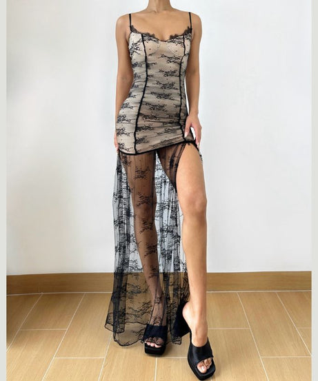 Sultry Sheer Lace Overlay Maxi Dress | High Slit Ruched Bodycon Cami for Fall & Holiday Glam