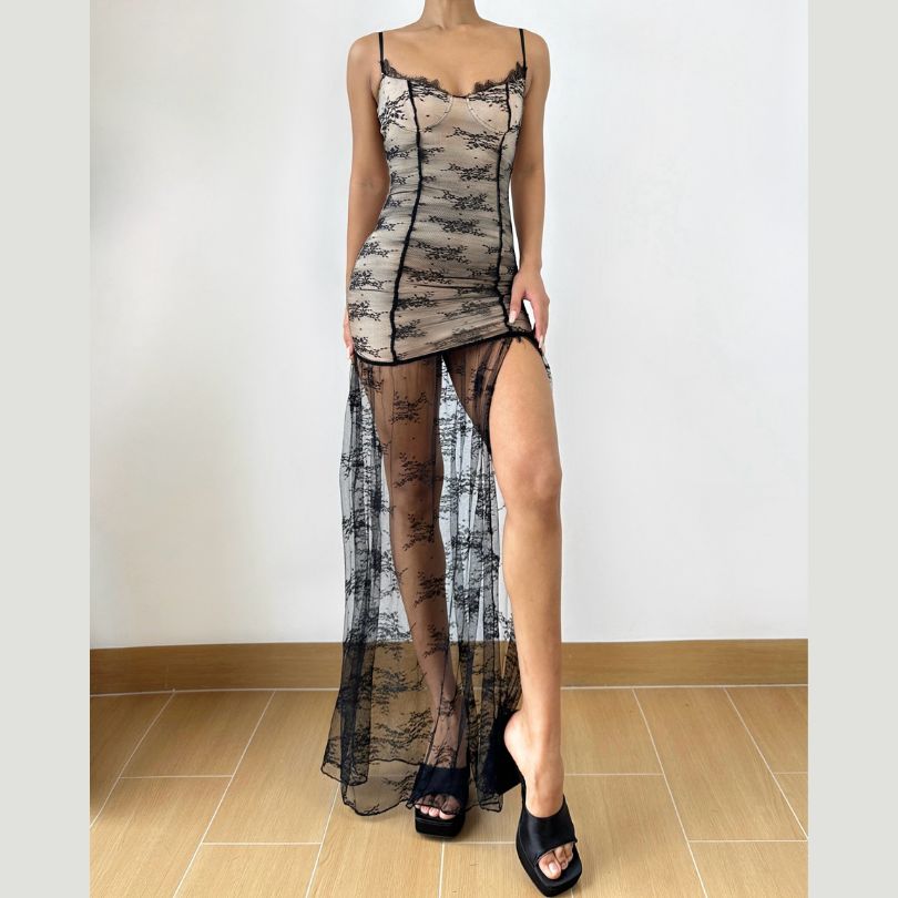 Sultry Sheer Lace Overlay Maxi Dress | High Slit Ruched Bodycon Cami for Fall & Holiday Glam