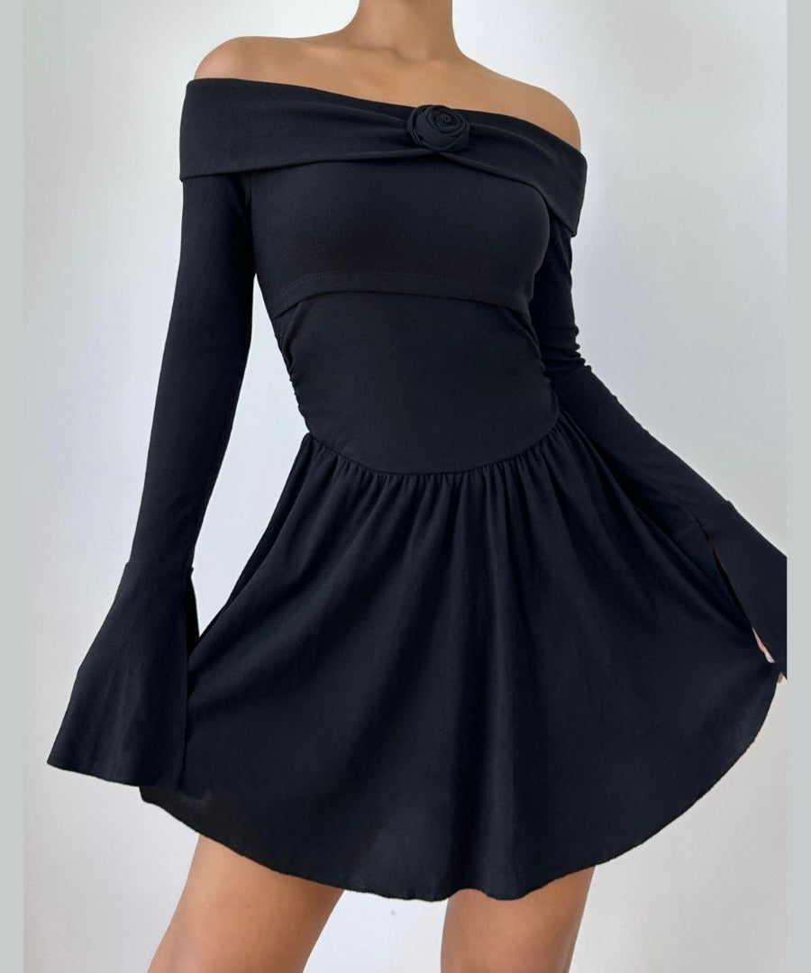 Effortless Elegance: Off-Shoulder Rose Appliqué Mini Dress with Flared Sleeves - Your Fall & Holiday Go-To