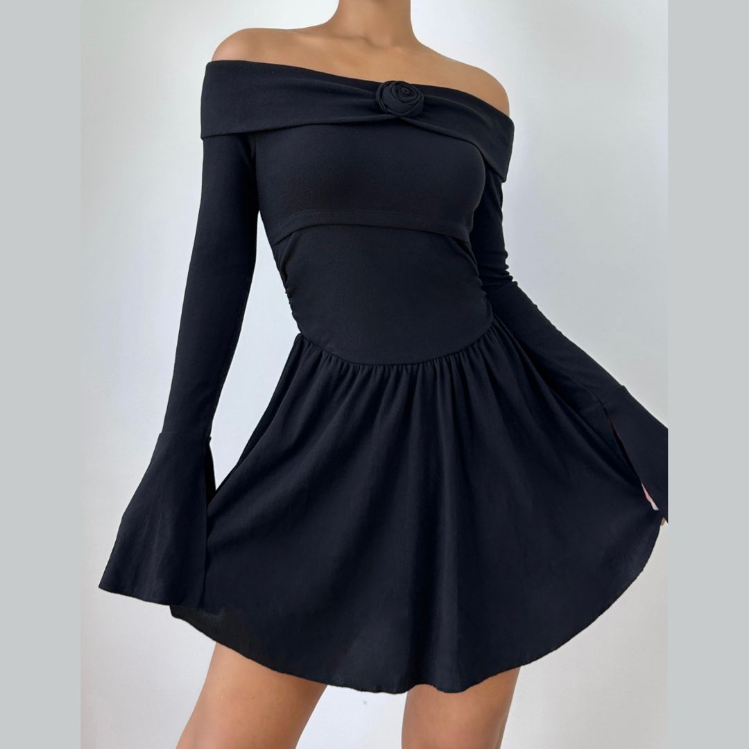 Effortless Elegance: Off-Shoulder Rose Appliqué Mini Dress with Flared Sleeves - Your Fall & Holiday Go-To