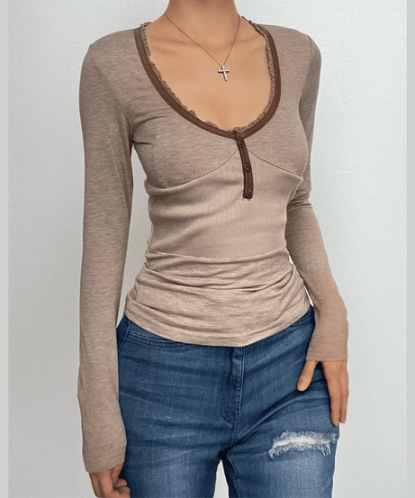 Fall Chic Ribbed Henley Long Sleeve Top | Lace Trim, Thumbholes & Flattering Fit