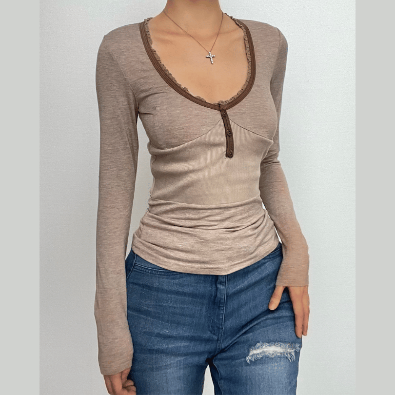 Fall Chic Ribbed Henley Long Sleeve Top | Lace Trim, Thumbholes & Flattering Fit