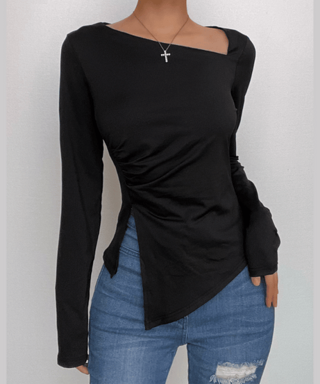 Modern Muse Asymmetrical Slit Long Sleeve Top - Fall Chic Black