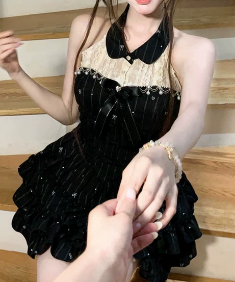 Coquette Charm Black Pinstripe Halter Mini Dress | Lace Collar, Ruffles & Pearl Accents – Your Go-To for Fall Parties & Holiday Glam