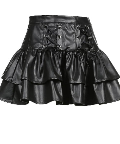Edgy Fall Style: Faux Leather Ruffled Mini Skirt with Lace-Up Detail – Perfect for Spooky Season & Beyond