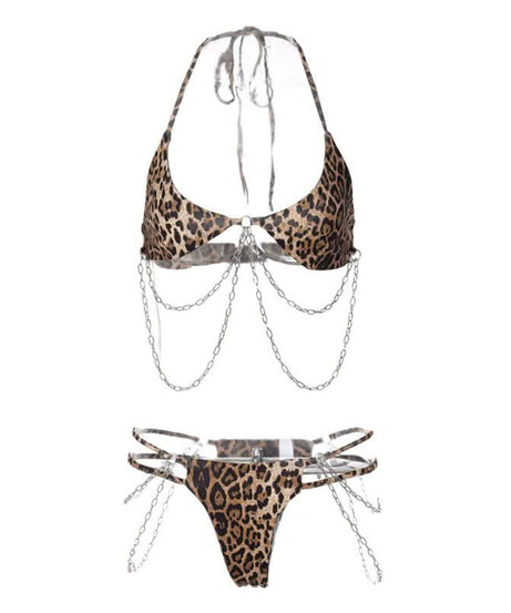 Wild Instincts Leopard Chain Halter Lingerie Set - Your Daring Halloween & Clubwear Statement