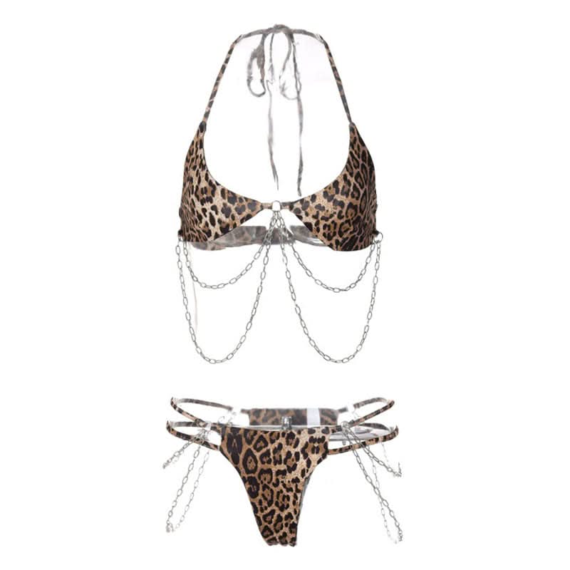 Wild Instincts Leopard Chain Halter Lingerie Set - Your Daring Halloween & Clubwear Statement