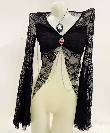 Enchanting Gothic Lace Bell Sleeve Crop Top with Chain Detail | Spooky Season & Fall Fashion Essential