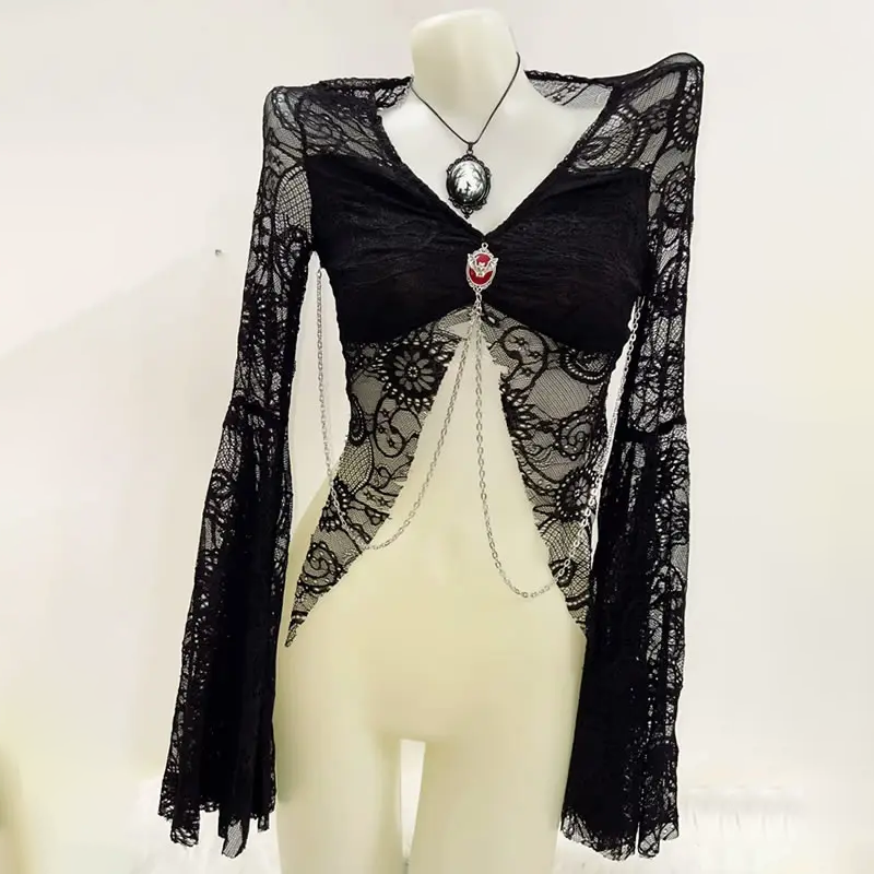 Enchanting Gothic Lace Bell Sleeve Crop Top with Chain Detail | Spooky Season & Fall Fashion Essential
