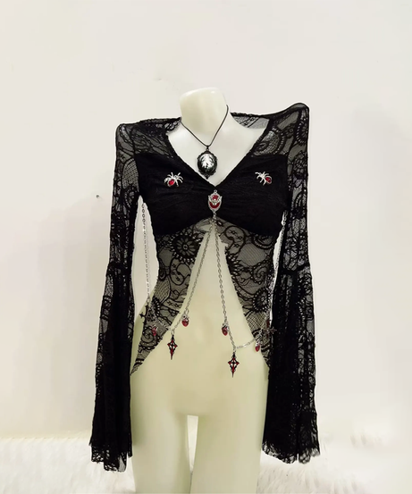 Enchanting Gothic Lace Bell Sleeve Crop Top with Chain Detail | Spooky Season & Fall Fashion Essential