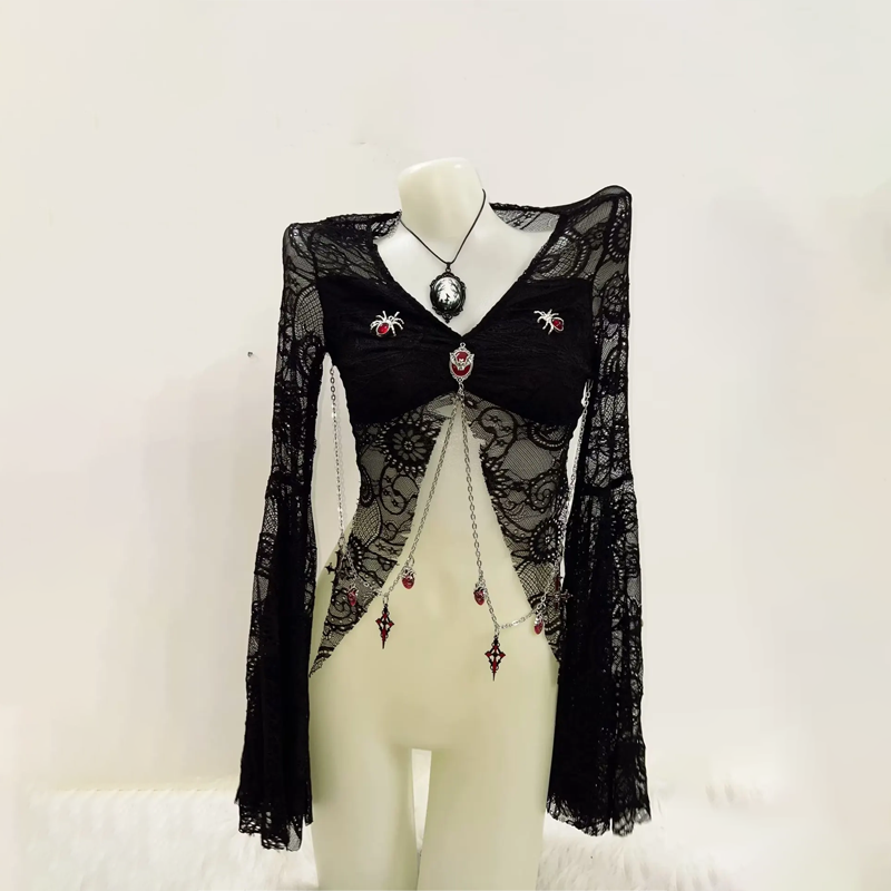 Enchanting Gothic Lace Bell Sleeve Crop Top with Chain Detail | Spooky Season & Fall Fashion Essential