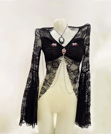 Enchanting Gothic Lace Bell Sleeve Crop Top with Chain Detail | Spooky Season & Fall Fashion Essential