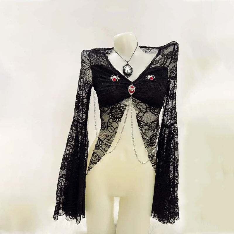 Enchanting Gothic Lace Bell Sleeve Crop Top with Chain Detail | Spooky Season & Fall Fashion Essential