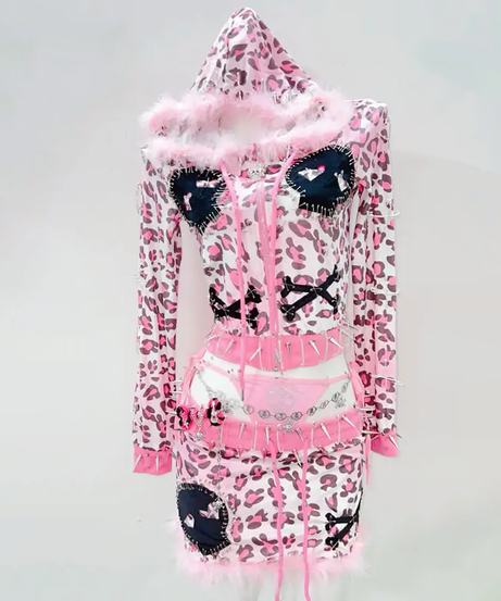 Y2K Punk Princess: Pink Leopard Spiked 3-Piece Hoodie & Mini Skirt Set - Perfect for Halloween & Parties