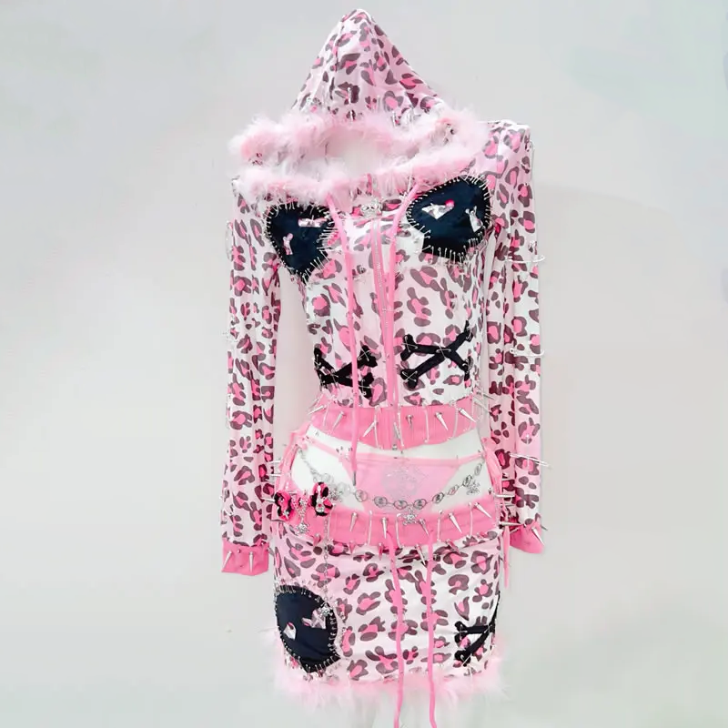 Y2K Punk Princess: Pink Leopard Spiked 3-Piece Hoodie & Mini Skirt Set - Perfect for Halloween & Parties