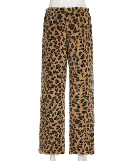 Cozy Chic: Plush Leopard Print Drawstring Straight Leg Loungewear Pants for Fall