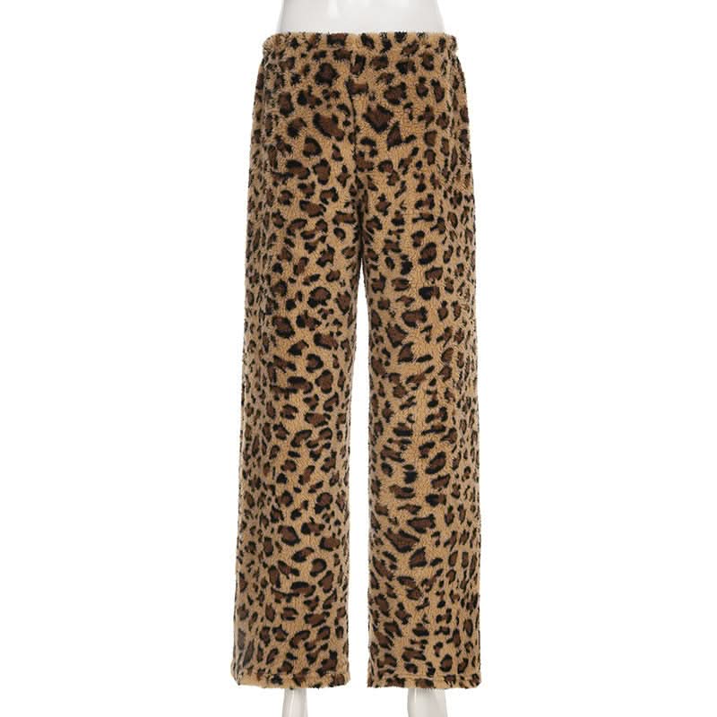 Cozy Chic: Plush Leopard Print Drawstring Straight Leg Loungewear Pants for Fall