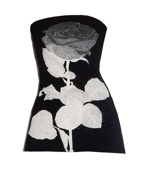 Chic Monochrome Rose Print Strapless Tube Top - Effortless Fall Style