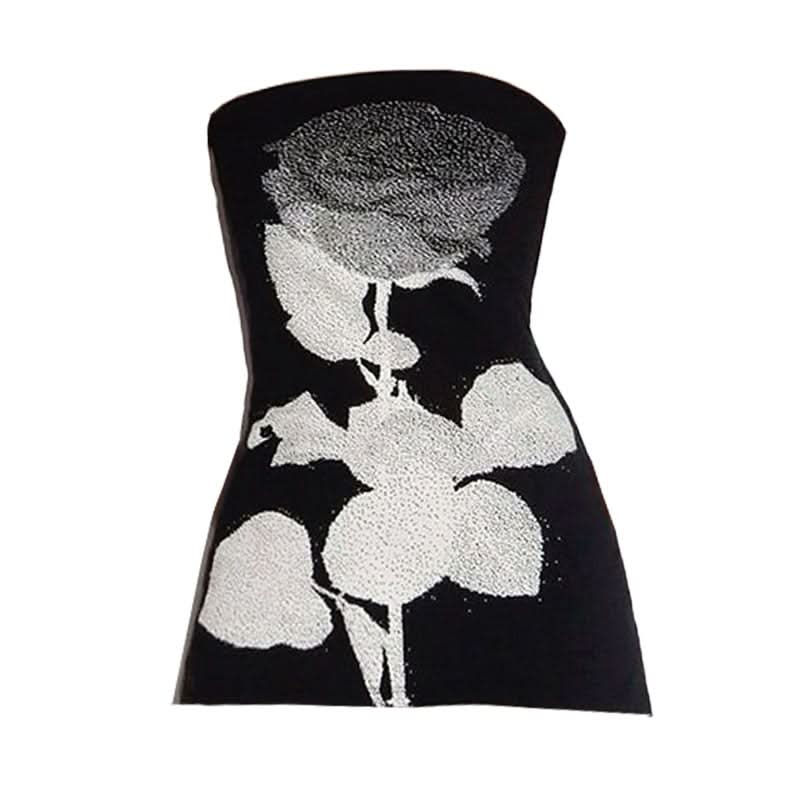 Chic Monochrome Rose Print Strapless Tube Top - Effortless Fall Style