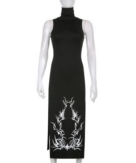 Elevated Edge: Black High-Neck Abstract Tribal Print Midi Dress - Fall's Must-Have Bodycon