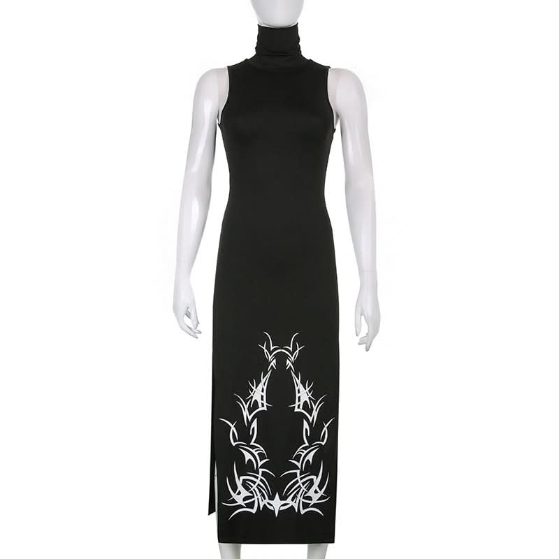 Elevated Edge: Black High-Neck Abstract Tribal Print Midi Dress - Fall's Must-Have Bodycon