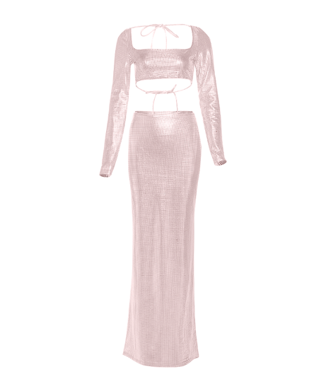 Showstopping Metallic Maxi Skirt Set - Long Sleeve Square Neck Crop Top | Holiday Party & Gala Ready
