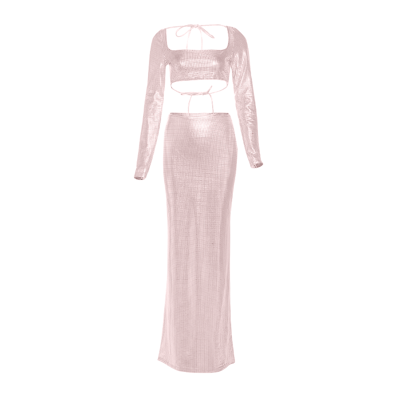 Showstopping Metallic Maxi Skirt Set - Long Sleeve Square Neck Crop Top | Holiday Party & Gala Ready