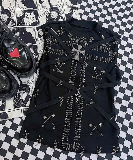 Daring Edge: Gothic Safety Pin & Cross Mesh Tank Top - Fall Concert & Halloween Ready