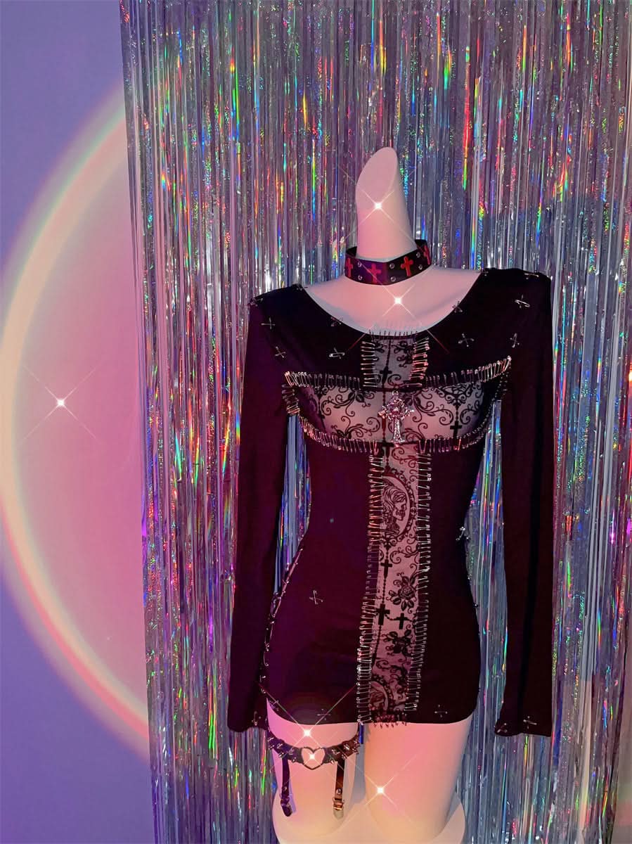 Edgy Gothic Punk Safety Pin Long Sleeve Mini Dress - Halloween & Fall 2025 Fashion