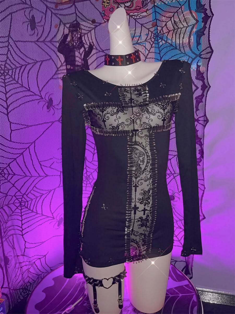 Edgy Gothic Punk Safety Pin Long Sleeve Mini Dress - Halloween & Fall 2025 Fashion