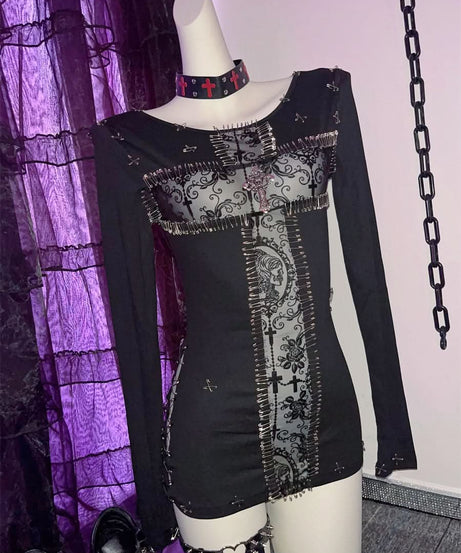Edgy Gothic Punk Safety Pin Long Sleeve Mini Dress - Halloween & Fall 2025 Fashion