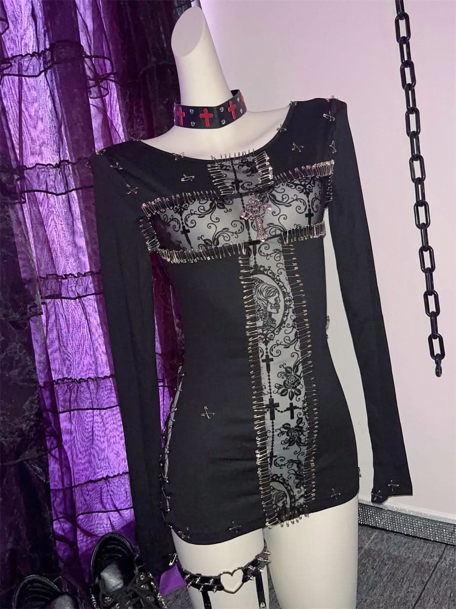 Edgy Gothic Punk Safety Pin Long Sleeve Mini Dress - Halloween & Fall 2025 Fashion