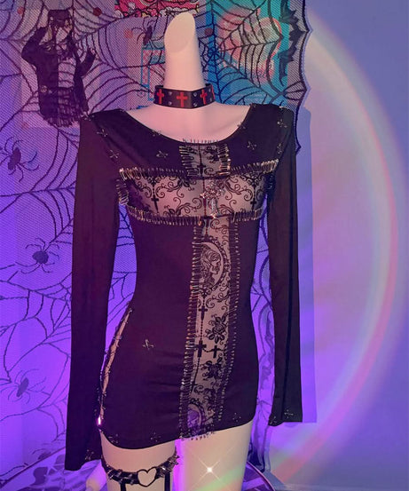 Edgy Gothic Punk Safety Pin Long Sleeve Mini Dress - Halloween & Fall 2025 Fashion