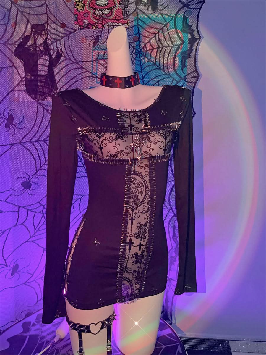 Edgy Gothic Punk Safety Pin Long Sleeve Mini Dress - Halloween & Fall 2025 Fashion