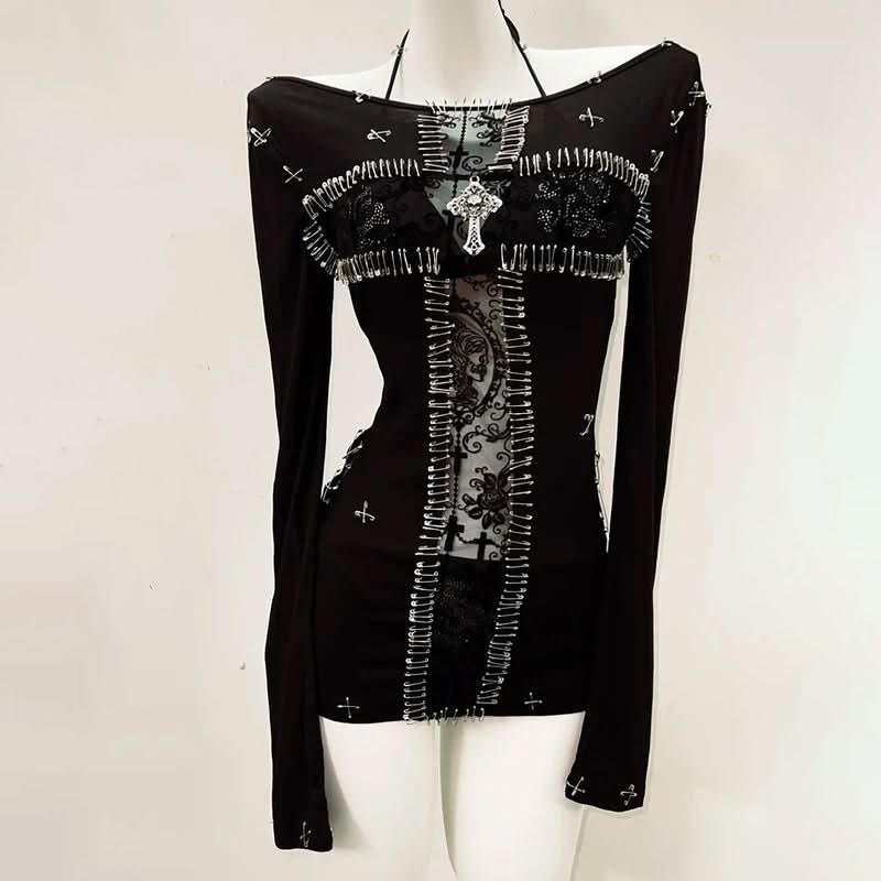 Edgy Gothic Punk Safety Pin Long Sleeve Mini Dress - Halloween & Fall 2025 Fashion
