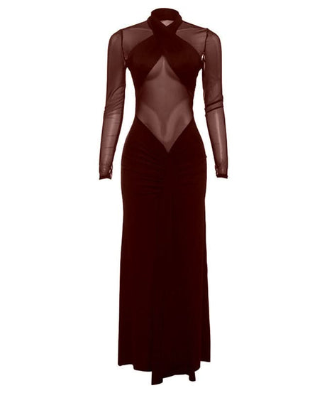 Alluring Black Sheer Mesh Maxi Dress - Elegant Long Sleeve Holiday & Evening Gown