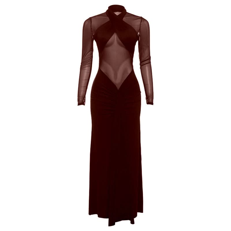 Alluring Black Sheer Mesh Maxi Dress - Elegant Long Sleeve Holiday & Evening Gown