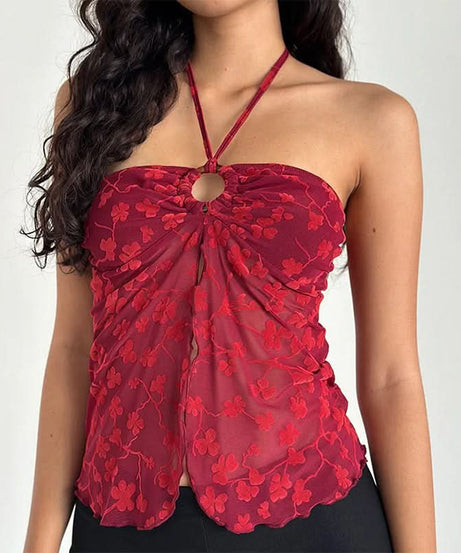 Autumnal Allure: Deep Red Velvet Floral Mesh Halter Top with O-Ring