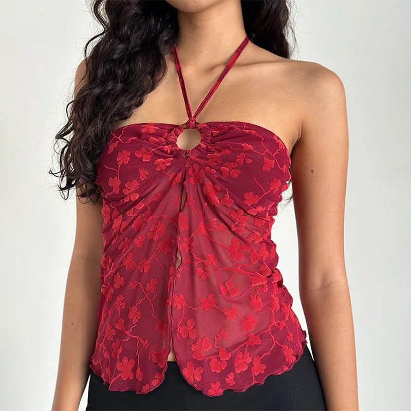 Autumnal Allure: Deep Red Velvet Floral Mesh Halter Top with O-Ring