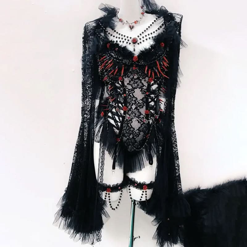 Gothic Vamp Siren Spiked Lace Bodysuit & Dramatic Sleeves - Halloween & Beyond