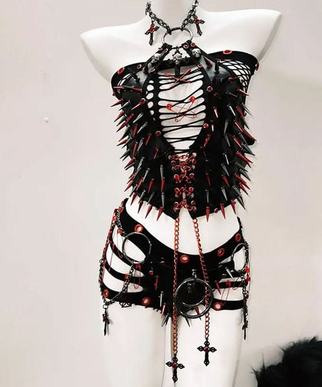 Fierce Spiked & Chained Goth Punk Halloween Set - Strapless Top, Shorts & Choker