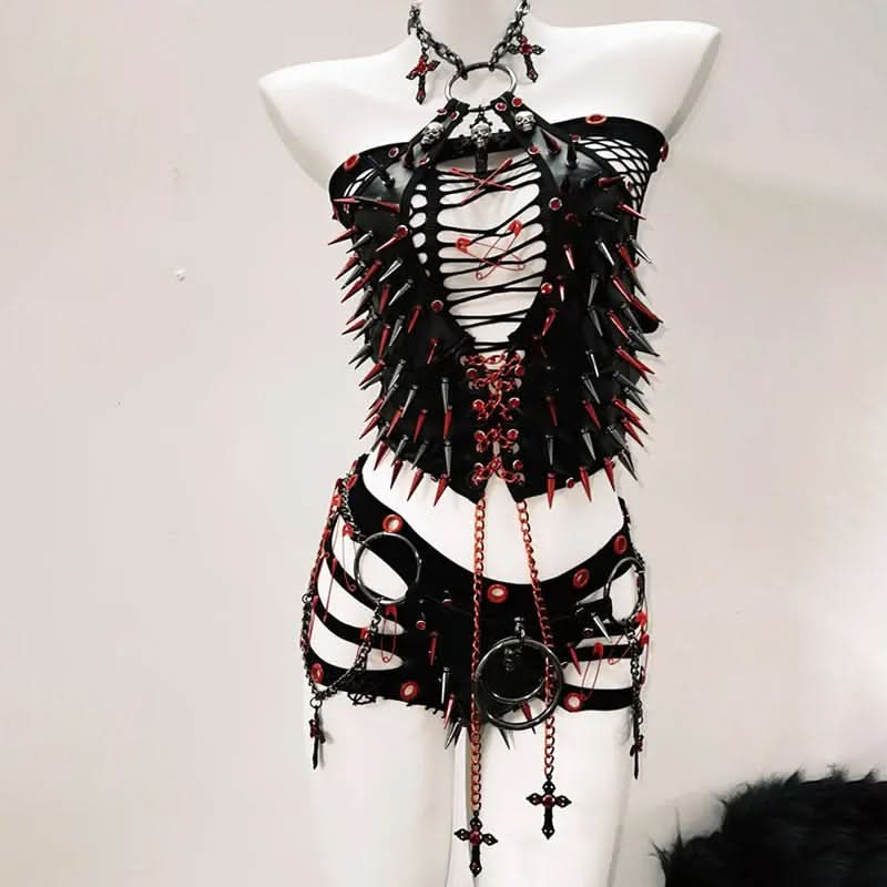 Fierce Spiked & Chained Goth Punk Halloween Set - Strapless Top, Shorts & Choker