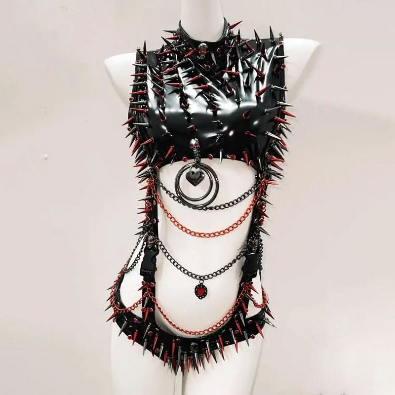 Unleash Your Dark Side: Red & Black Spiked Gothic Bodysuit | Halloween, Rave, & Clubwear Statement
