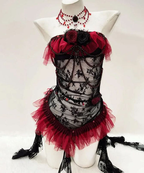 Gothic Enchantress Crimson & Black Lace Bodysuit with Choker | Halloween, Boudoir & Dark Romance