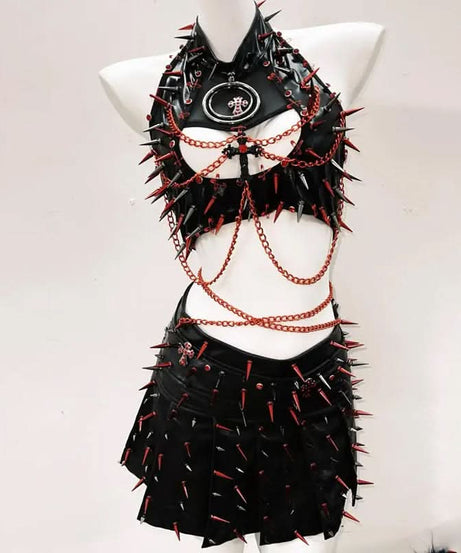 Dare to Thrill: Spiked Faux Leather Halter Top & Mini Skirt Set - Ultimate Halloween & Clubwear
