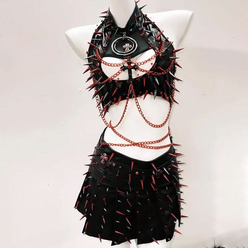 Dare to Thrill: Spiked Faux Leather Halter Top & Mini Skirt Set - Ultimate Halloween & Clubwear