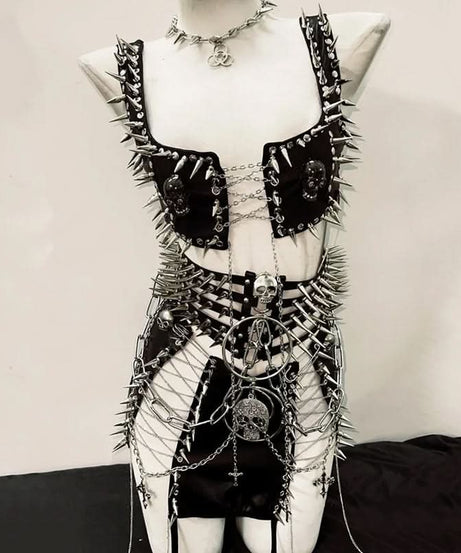 Fierce Spiked Skull Goth Rave Two-Piece Set - Your Ultimate Halloween & Concert Statement!